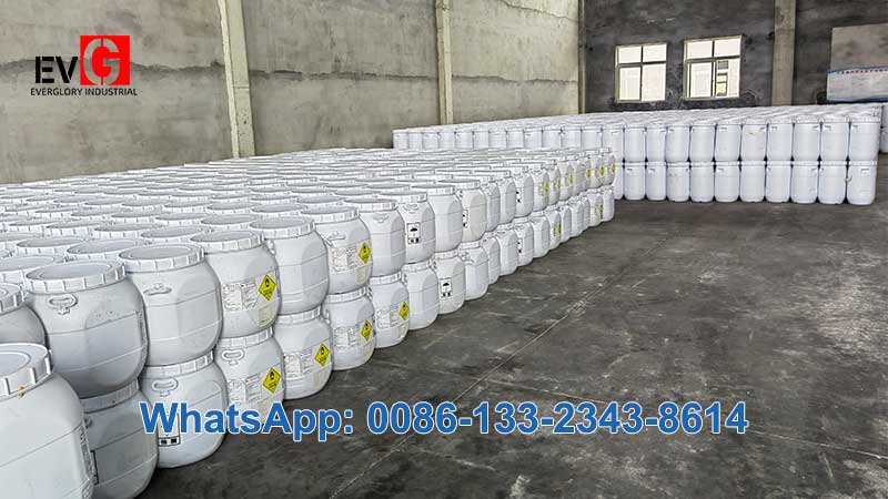 Bulk export packaging of calcium hypochlorite drums stacked inwarehouse